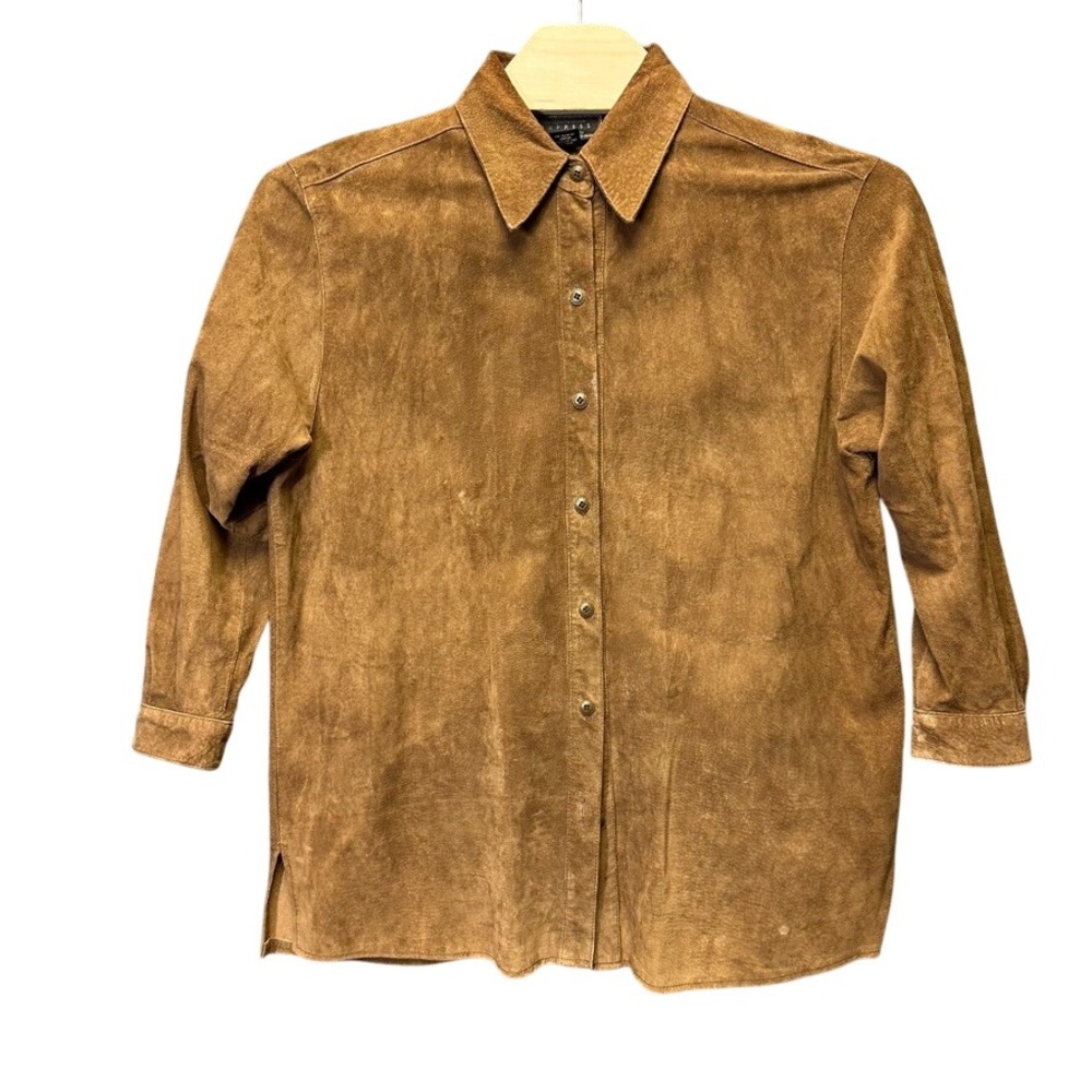 Vintage Express Brown Suede Leather Button Down Shirt Jacket Womens Medium Tan